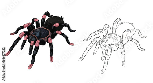 Pink Toe Tarantula Coloring Activity Page with Intricate Detailed Outline Drawing