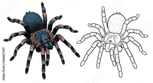 Pink Toe Tarantula Dual Design Coloring Page with a Colored and Outline Companion