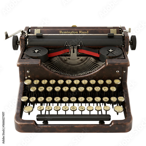 Vintage remington rand typewriter, a classic mechanical writing machine with a keyboard, isolated on transparent background