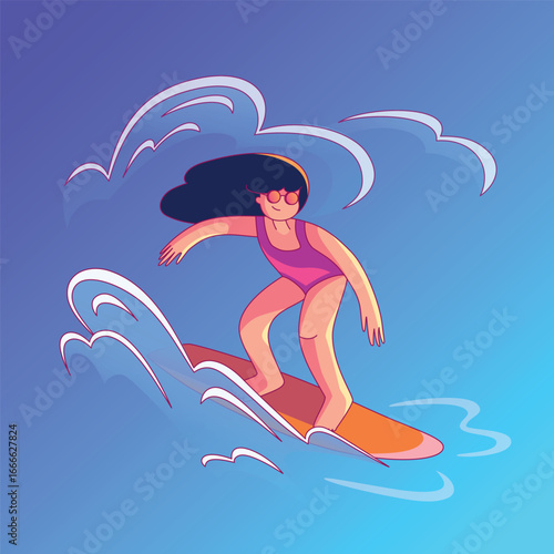 Photography Woman surfing on blue waves, colorful cartoon-style illustration
