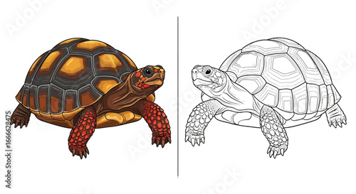 Detailed Red-Footed Tortoise and Outline Pair Coloring Page Creative Activity