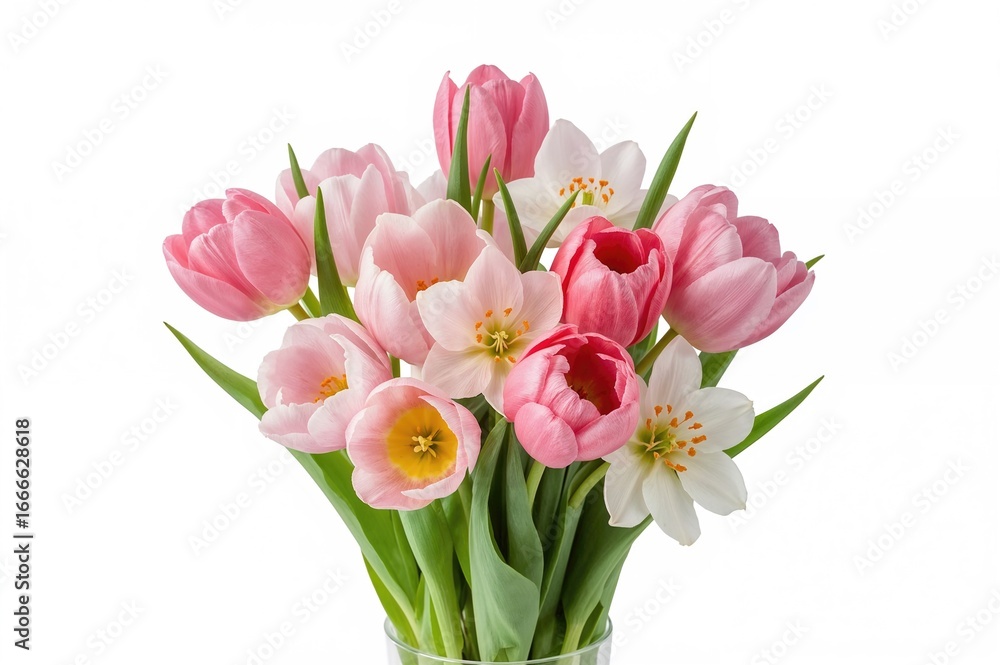 Naklejka premium Vibrant spring tulips and daffodils arranged on a clean white backdrop