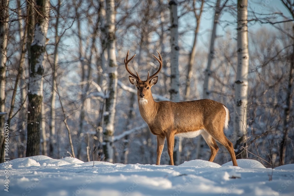 Obraz premium Gray Capreolus standing before winter forest trees
