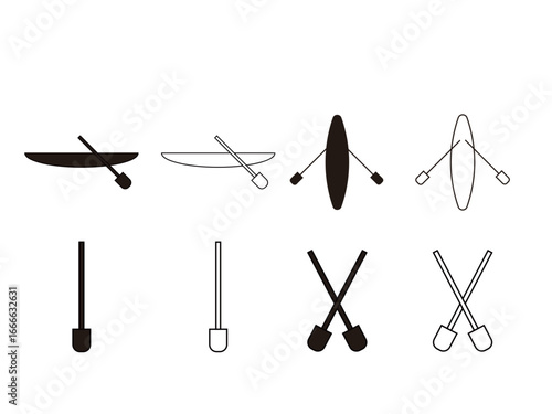 カヌー、カヤック、ボート、オールのアイコンのイラストのセット