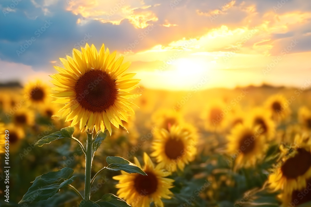 Fototapeta premium A vibrant sunflower field under a golden sunset, showcasing the beauty of nature. The sunflowers face the light, symbolizing warmth and cheerfulness.