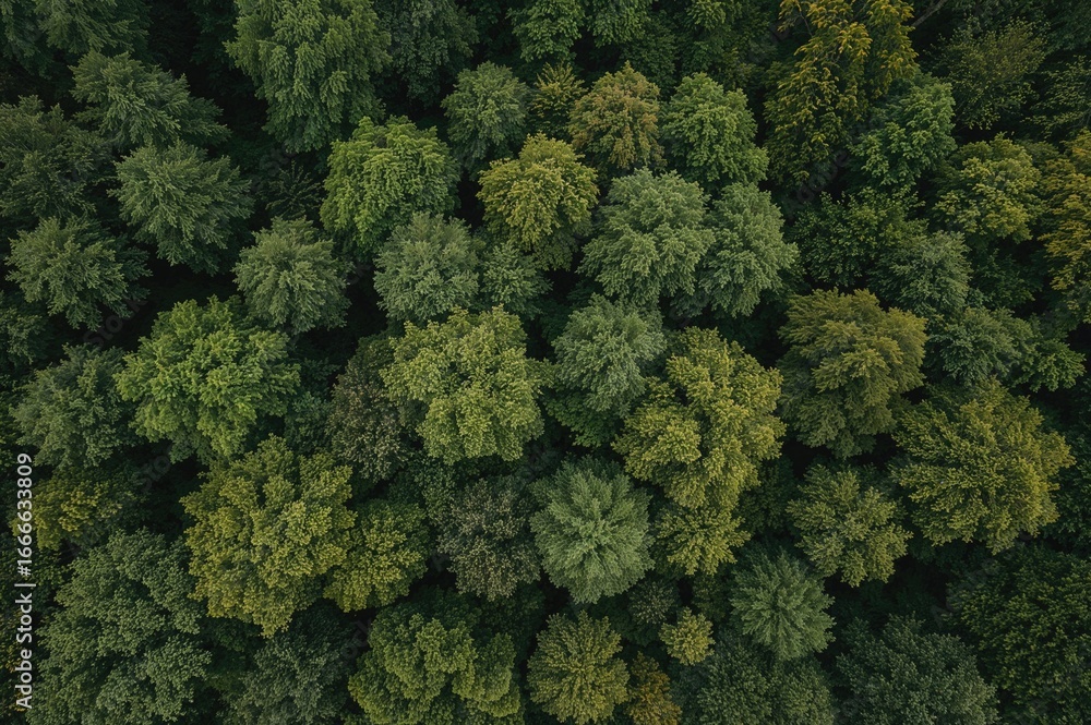 Naklejka premium Aerial view of lush summer woodland with mixed leafy trees under gentle lighting