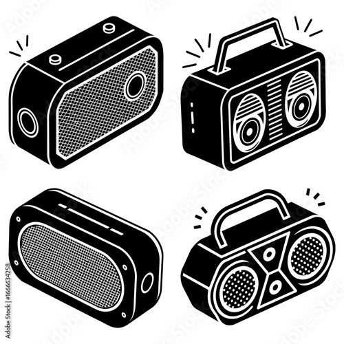 Isometric illustration of four black and white portable speakers with different designs and sound waves