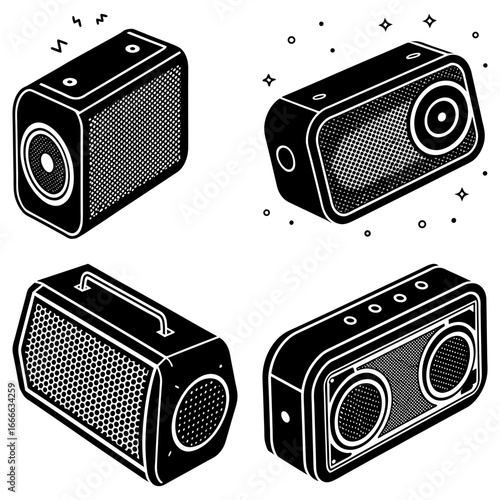 Four isometric black and white speakers with different designs and speaker grill patterns displayed