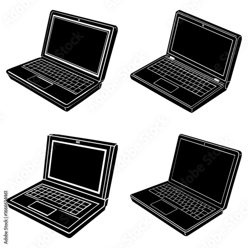 Four black and white laptop computers displayed in a grid pattern on a white background view from above
