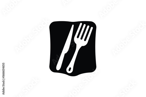 A black placemat with a knife and fork on a white background silhouette