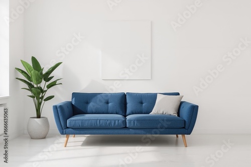 In a simple white living space featuring a poster, a plant sits beside a blue couch with a pillow. authentic photo