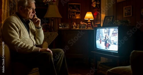 Elderly man watching Christmas parade on vintage television