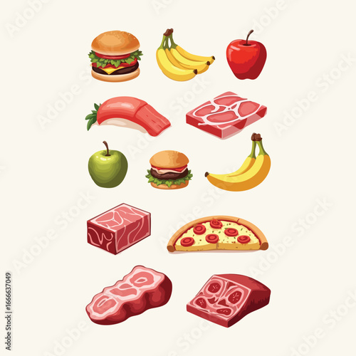 Assortment of Delicious Foods: A vibrant collection of culinary delights, from a juicy burger and appetizing pizza to a bunch of bananas. this culinary image will tantalize the taste buds.