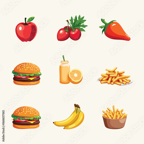 Healthy Food Arrangement: A collection of fresh, vibrant fruits and vegetables, inviting culinary ingredients. including healthy burger and french fries. showing the appeal of food.