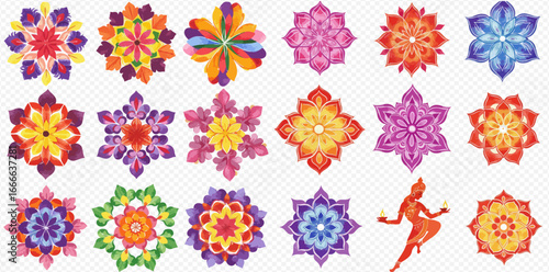 A vibrant collection of intricate mandala and rangoli patterns alongside a silhouette of a traditional Indian dancer holding oil lamps.