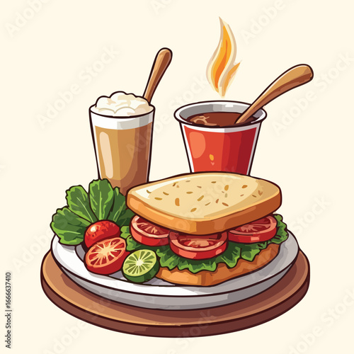 Gourmet Breakfast Delight: A tantalizing illustrated depiction of a complete morning feast, featuring a delectable sandwich, refreshing drinks, and an array of fresh accompaniments