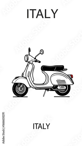 Simple line drawing of a scooter, with text 'ITALY'