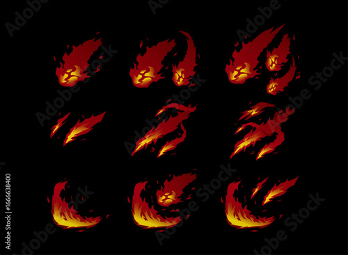 set of fantasy fire flame game ui asset elements with fire ball, fire thrust strike explosion with tier