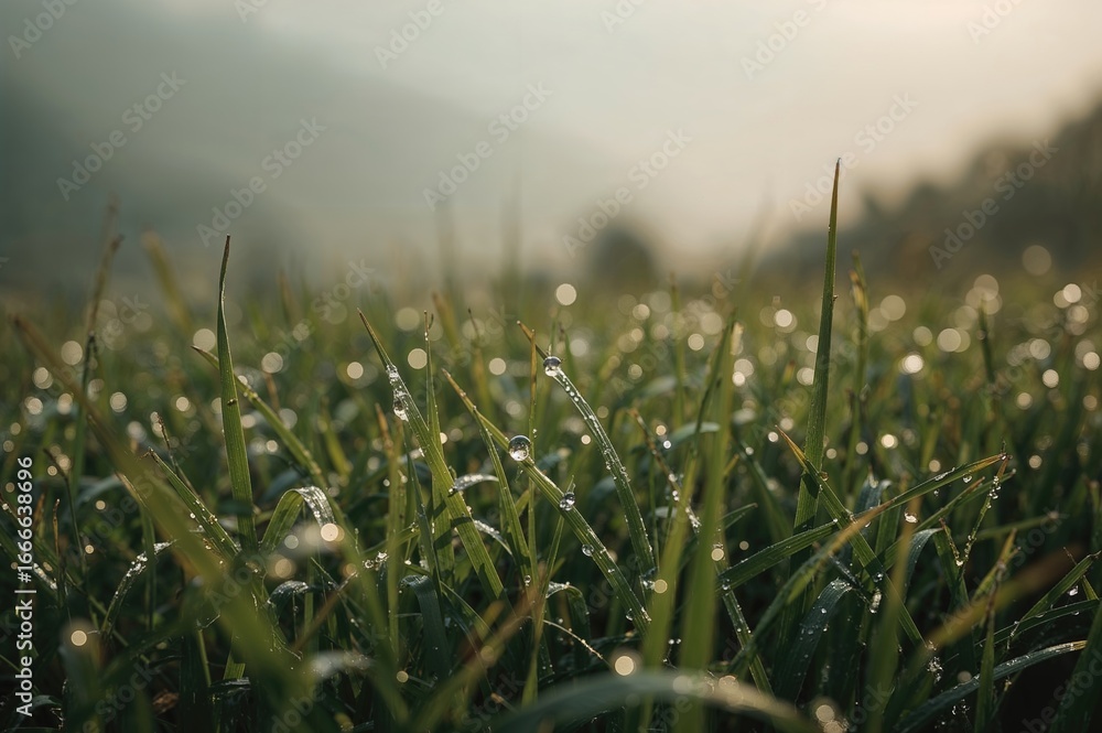 Fototapeta premium Dew droplets resting on blades of grass during a mountain morning