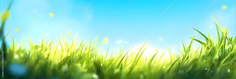 Obraz premium A vibrant green grass field under a bright blue sky captures the essence of nature's beauty, ideal for promoting environmental consciousness.