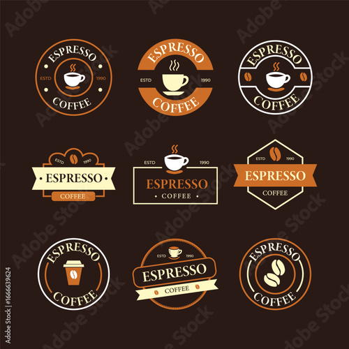 Classic espresso coffee logo collection featuring multiple designs and styles for branding and marketing purposes
