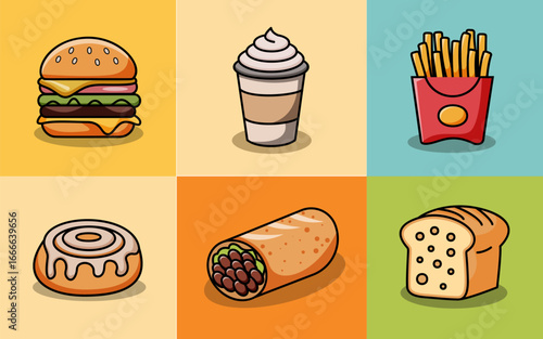 Set of 6 Cute Cartoon Foods in Grid Layout Hamburger Coffee Fries Cinnamon Roll Burrito Bread