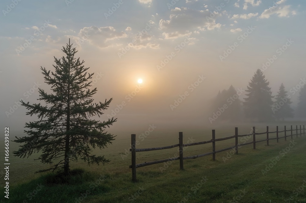 Obraz premium Foggy dawn over grassy field with lone pine beside old wooden barrier. Thick mist hides distant scenery while soft sunlight filters through.