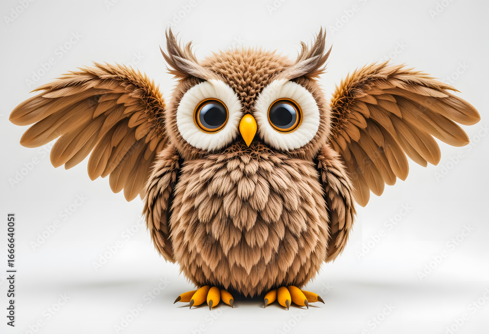 Obraz premium Adorable 3D cartoon owl plush toy with soft, realistic feathers and big eyes on a clean white background.