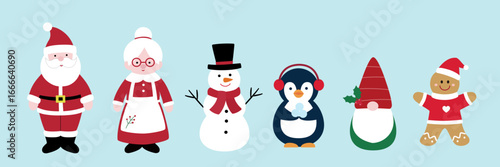 Hand drawn winter Christmas characters flat stock vector illustration Set.
Collection of  Santa Claus, Mrs. Claus,snowman, penguin, gnome, gingerbread man.
Design for greeting card, poster, invitation