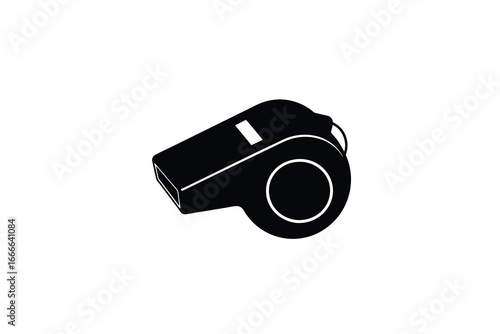 A black and white illustration of a single referee whistle on a plain background silhouette