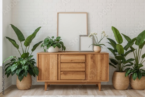 Chest of drawers with picture frame and assorted indoor plants against a white brick wall in the lounge