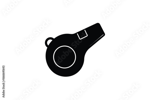 A black and white illustration of a referee whistle on a plain background silhouette