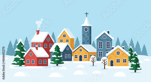 Winter village scene with houses church steeple snowcovered roofs and ground evergreen trees and a pale blue sky