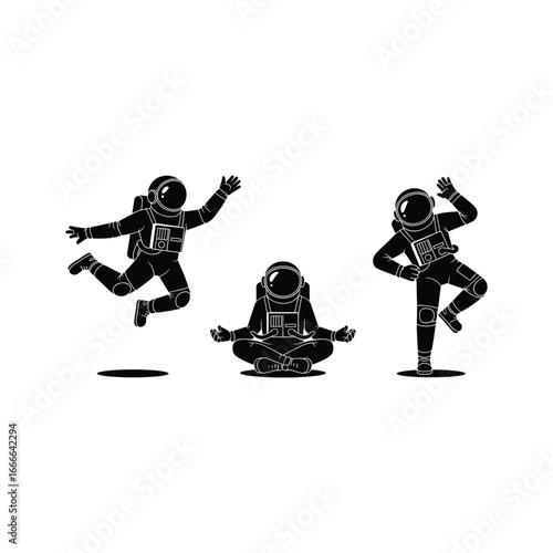 Three astronauts in space suits depicting different poses and activities like jumping meditating and dancing
