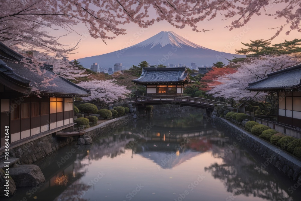 Fototapeta premium Friedliche japanische Landschaft mit Kirschblüten, traditionellem Haus und dem Berg Fuji im Hintergrund bei Sonnenuntergang