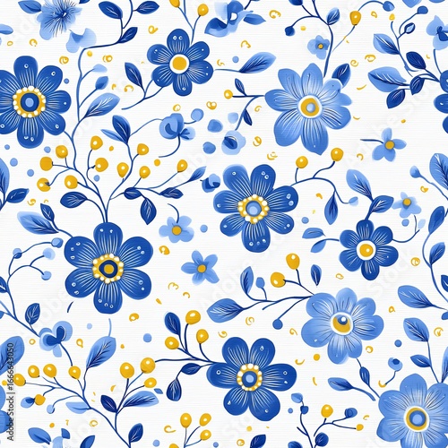 Blue and Yellow Floral Seamless Pattern on White Background
