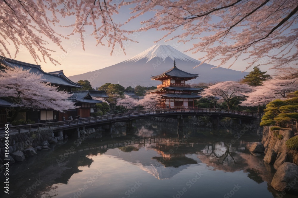 Obraz premium Friedliche japanische Landschaft mit Kirschblüten, traditionellem Haus und dem Berg Fuji im Hintergrund bei Sonnenuntergang