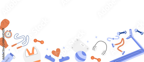 Fitness equipment border: dumbbells, treadmill, headphones, sneakers, jump rope, headphones, balls, wheight. Can used for fitness background, banner. Vector flat illustration