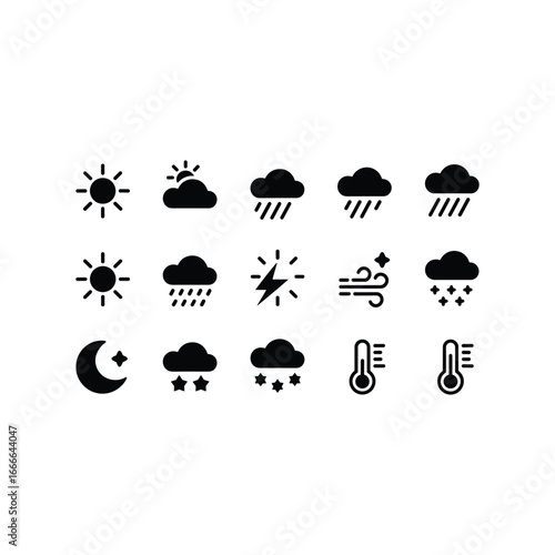 Collection of diverse weather icons representing sun clouds rain snow wind lightning and temperature variations