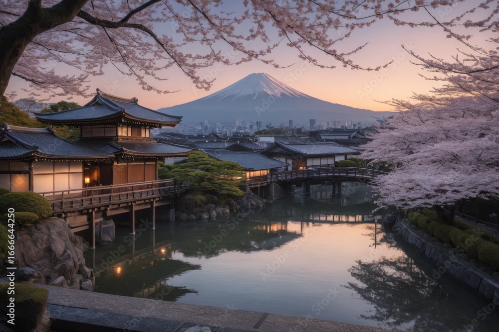 Fototapeta premium Friedliche japanische Landschaft mit Kirschblüten, traditionellem Haus und dem Berg Fuji im Hintergrund bei Sonnenuntergang