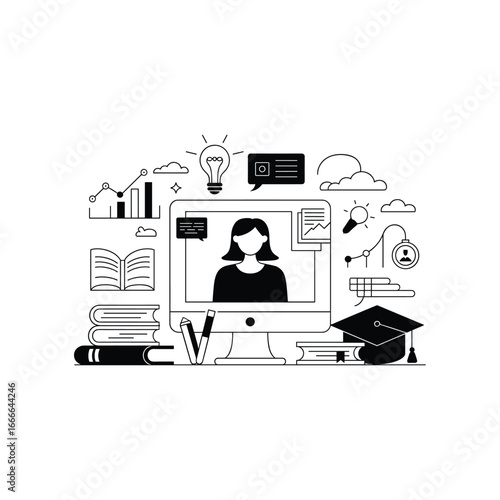 Online learning and education concept with a woman at a computer and educational symbols