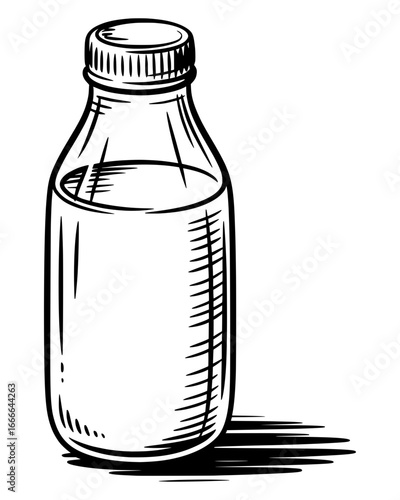 Black and white vector sketch of glass milk bottle in hand drawn style