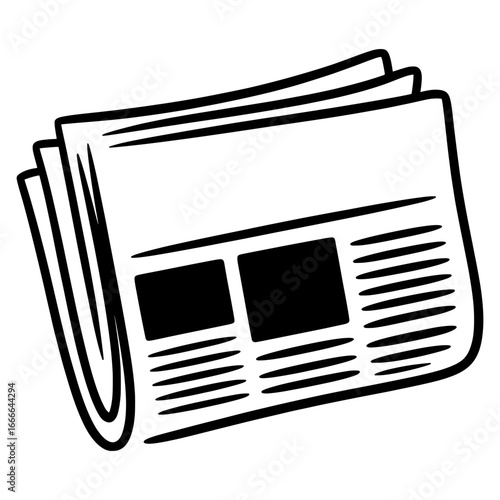 Black and white sketch illustration of folded newspaper in hand drawn vector style