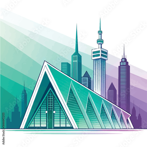 Futuristic Cityscape with Triangular Building and Modern Skyscrapers