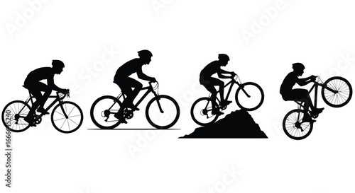 Mountain biker silhouettes showcasing dynamic action poses from trail riding to wheelie tricks vector
