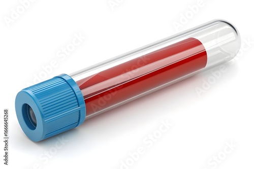 3D medical test tube with red blood sample, laboratory analysis bottle isolated on white background