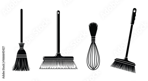 Four kitchen utensils and cleaning tools silhouettes featuring whisks and brooms for home and culinary use vector