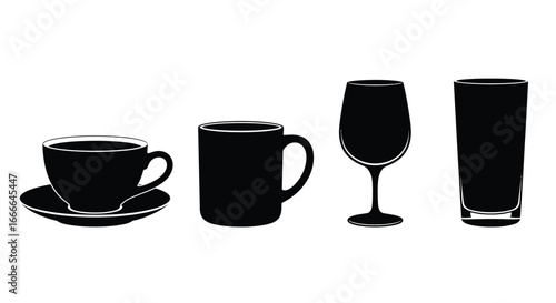 Four silhouette objects of drinkware including coffee cup saucer mug wine glass and highball glass vector