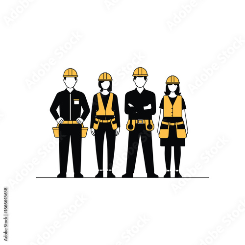 Diverse construction crew team standing together wearing safety helmets and work uniforms for a project