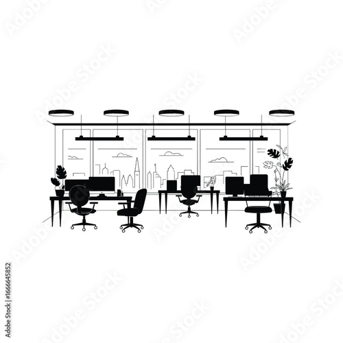 Modern office space with desks computers chairs and plants creating a productive workspace environment